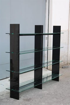 Large Minimal Bookcase in Black Lacquered Wood Thick Glass Italy Sottsass Style