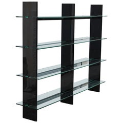 Large Minimal Bookcase in Black Lacquered Wood Thick Glass Italy Sottsass Style