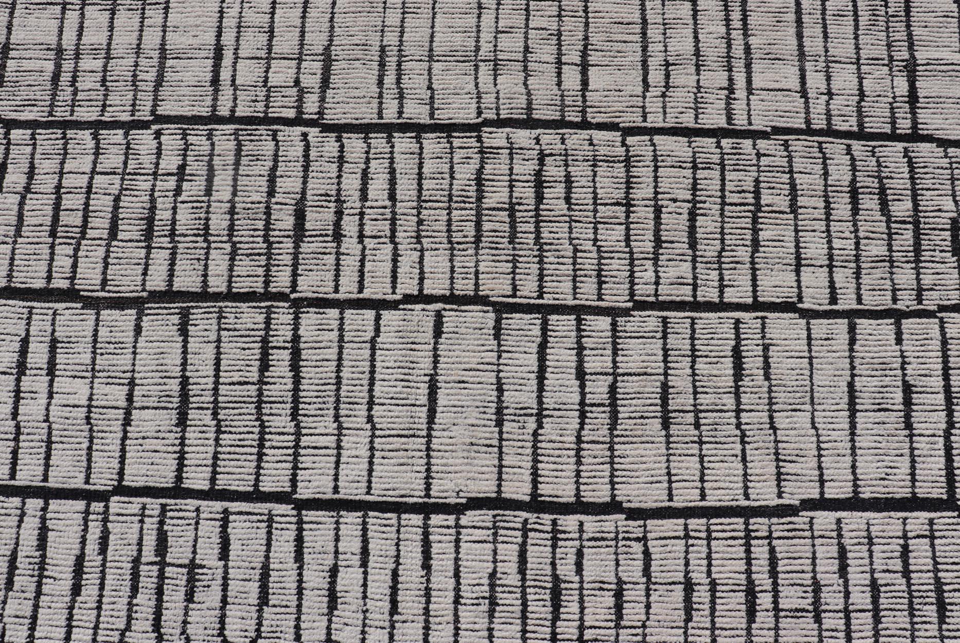 Großer Minimalistischer Moderner Lässiger Teppich mit Schwarzem Hintergrund und Elfenbein 11'9 x 18'4 (Wolle) im Angebot