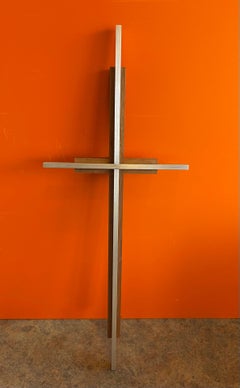 Large Minimalist Teak and Brushed Aluminum Crucifix / Cross