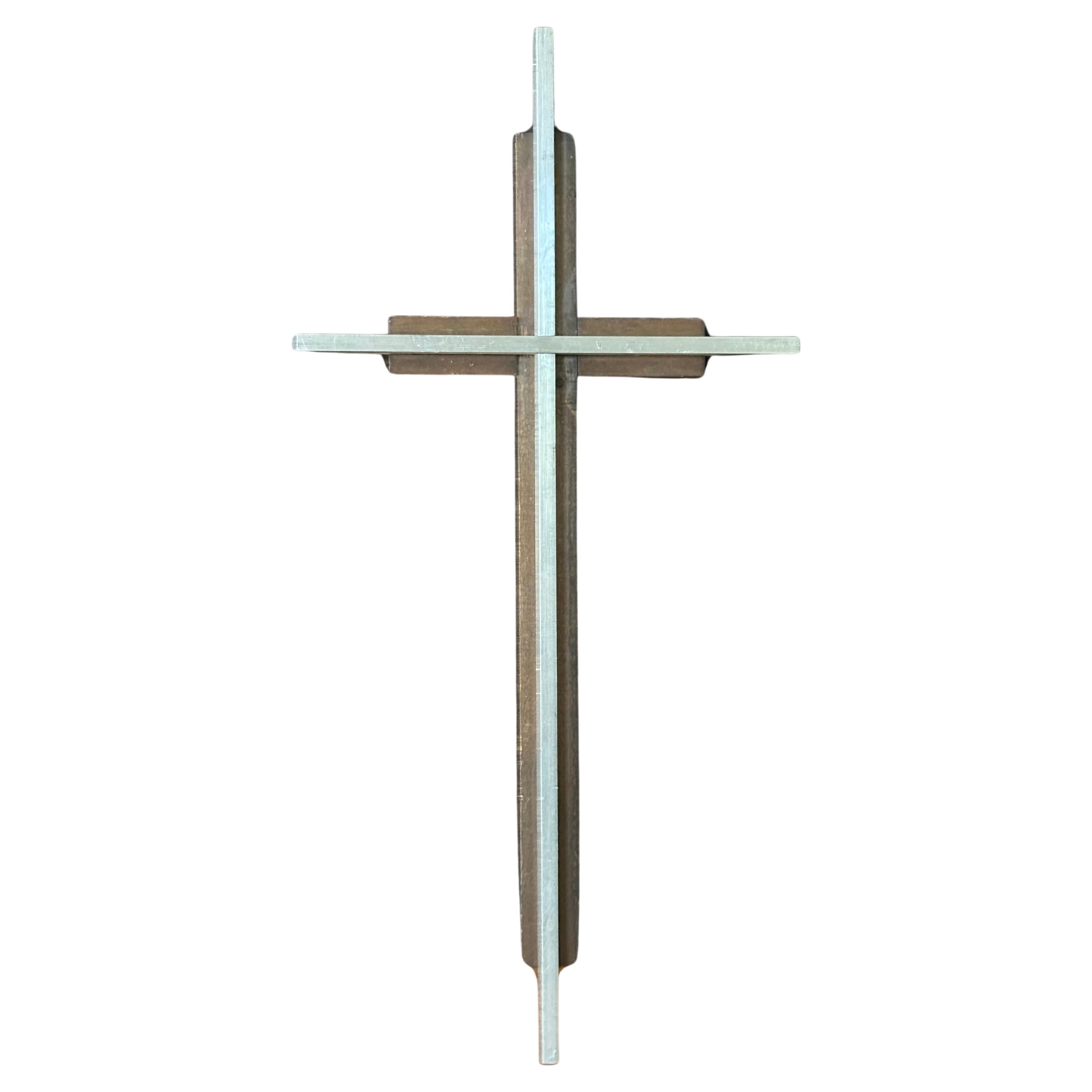 Large Minimalist Walnut and Brushed Aluminum Cross