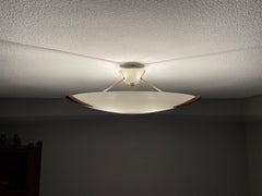Large & Mint Condition 3 Light Midcentury Modern Glass Flush Mount with Teakwood