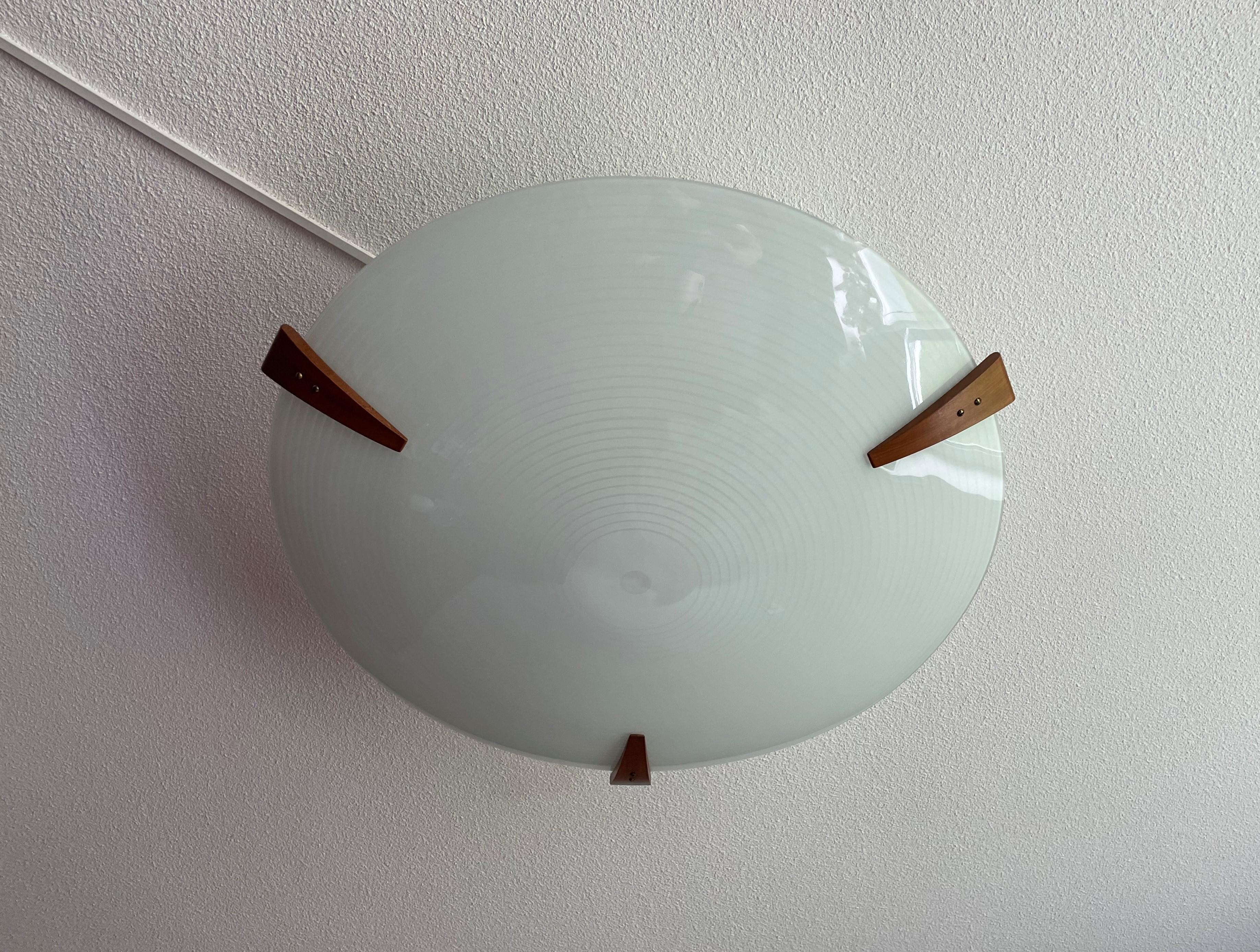 Metal Large & Mint Condition 3 Light Midcentury Modern Glass Flush Mount with Teakwood