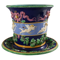 Large Minton Majolica Cupids Jardiniere And Stand