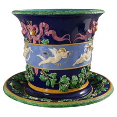 Antique Large Minton Majolica Cupids Jardiniere And Stand