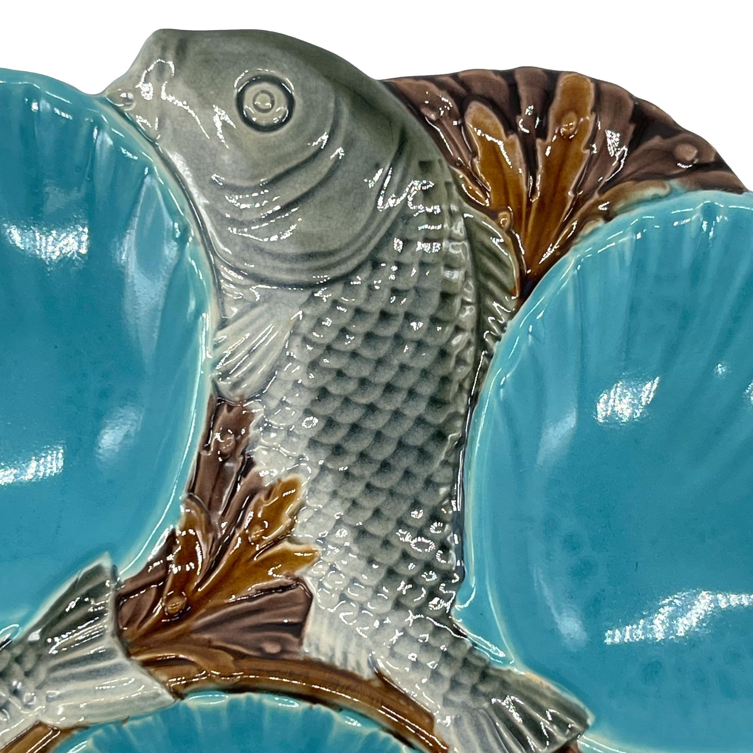 Molded Large Minton Majolica Fish Oyster Plate, Turquoise Wells, English, Dated 1882