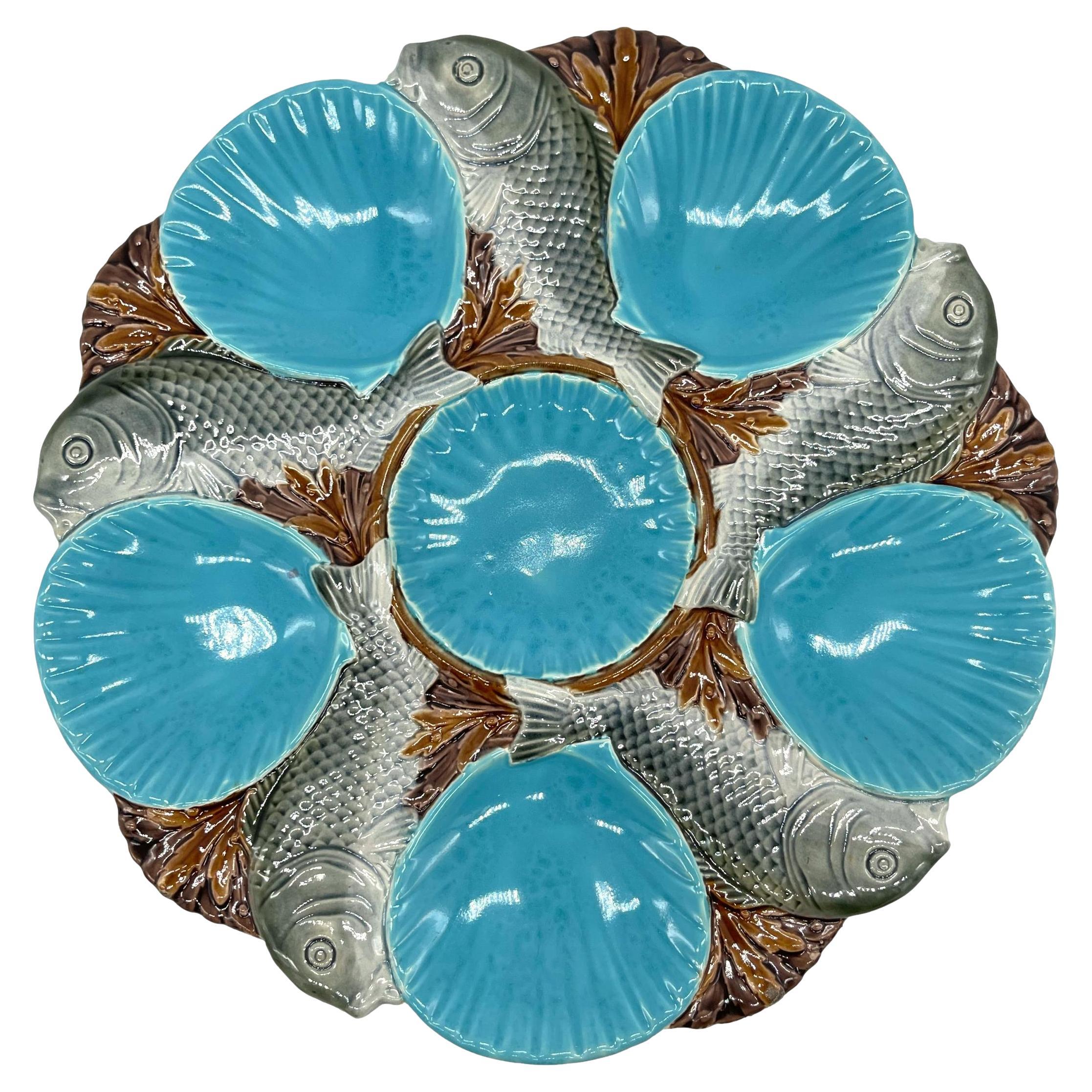 Large Minton Majolica Fish Oyster Plate, Turquoise Wells, English, Dated 1882