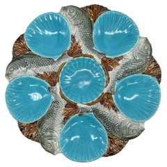 Large Minton Majolica Fish Oyster Plate, Turquoise Wells, English, Dated 1882