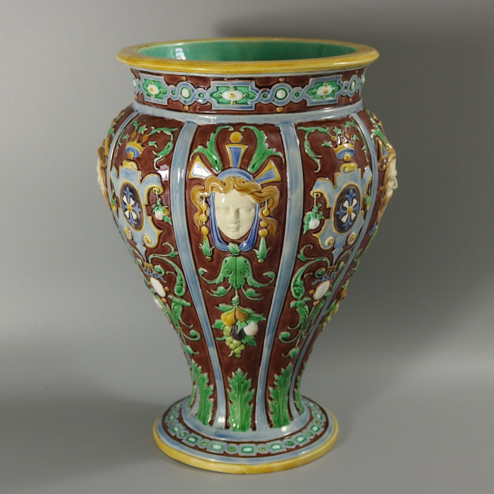 English Large Minton Majolica Renaissance Style Masks Vase For Sale