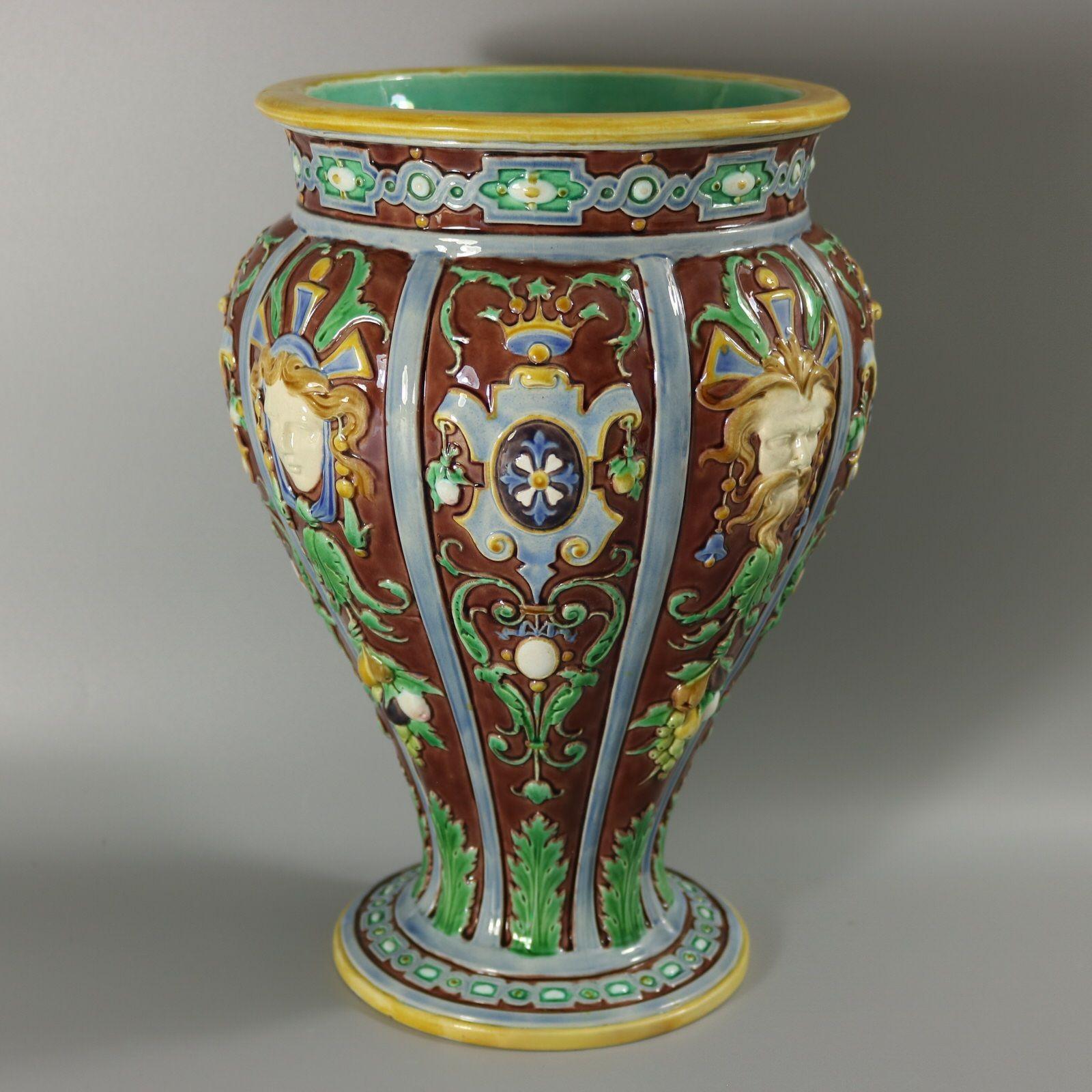 Late 19th Century Large Minton Majolica Renaissance Style Masks Vase For Sale