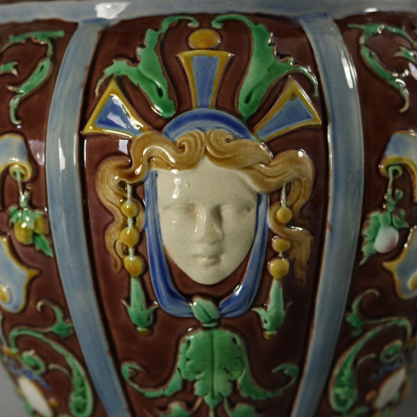 Large Minton Majolica Renaissance Style Masks Vase For Sale 4