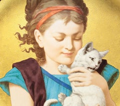Large Minton Porcelain Wall Charger by Herbert Wilson Foster, Girl with Cat 1880