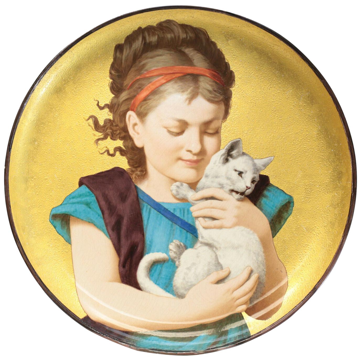 Large Minton Porcelain Wall Charger by Herbert Wilson Foster, Girl with Cat 1880 For Sale