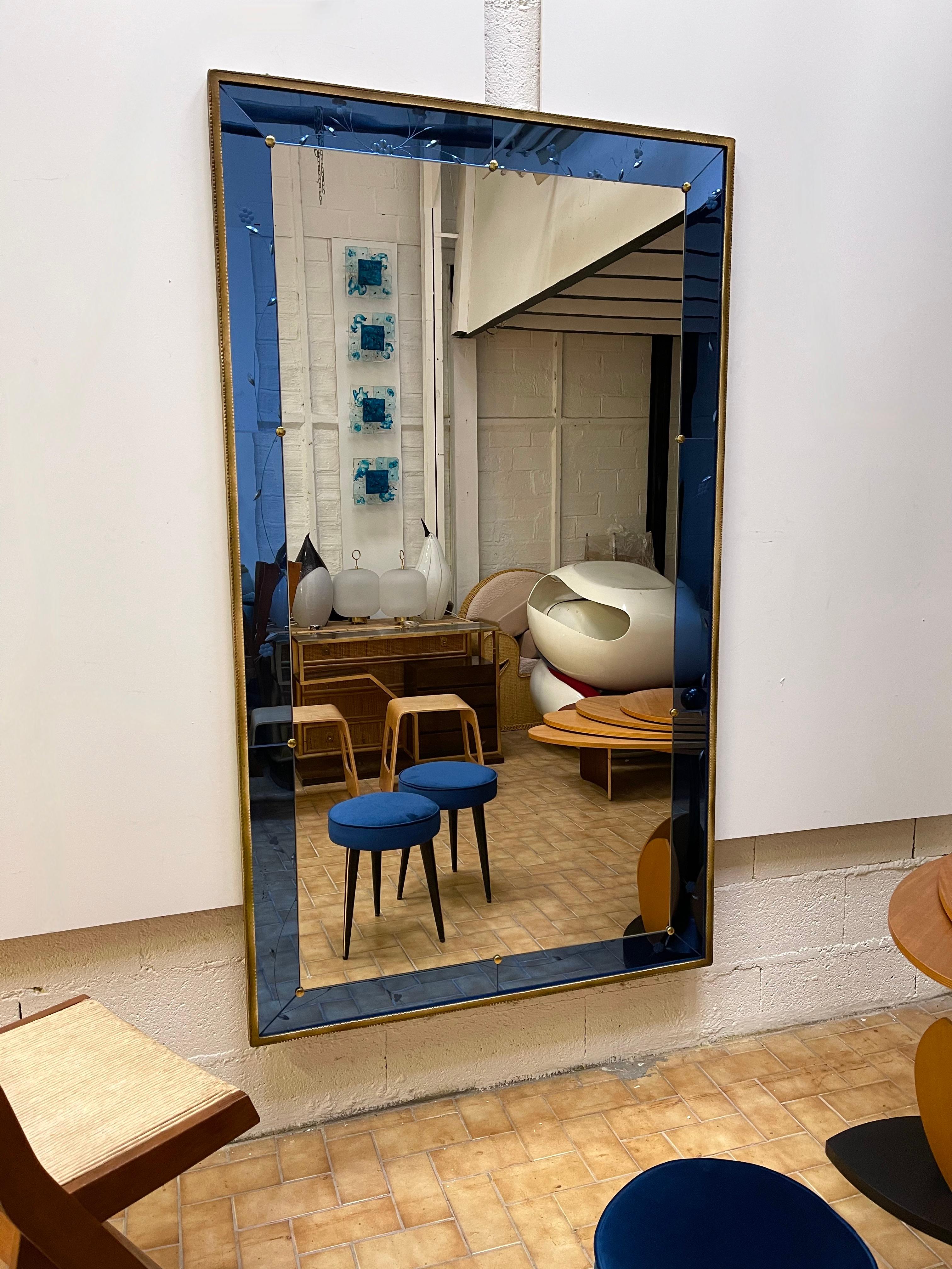 Large Mirror Blue Glass and Gilt Wrought Iron by Cristal Art, Italy, 1960s 4