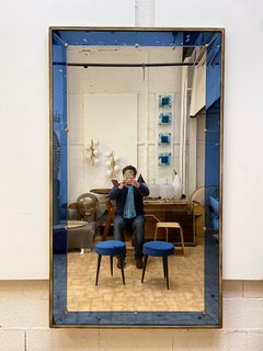 Large Mirror Blue Glass and Gilt Wrought Iron by Cristal Art, Italy, 1960s
