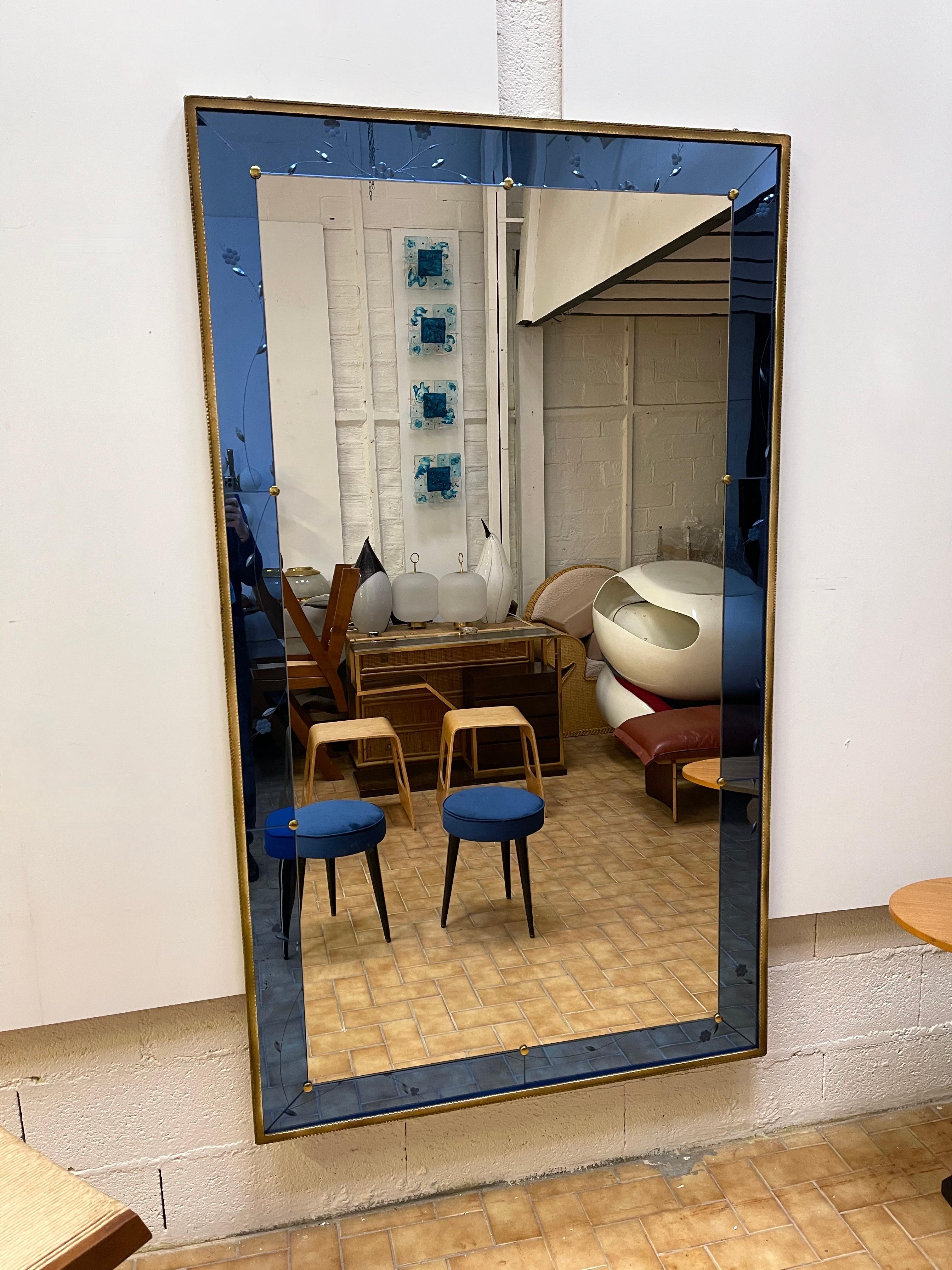 Italian Large Mirror Blue Glass and Gilt Wrought Iron by Cristal Art, Italy, 1960s