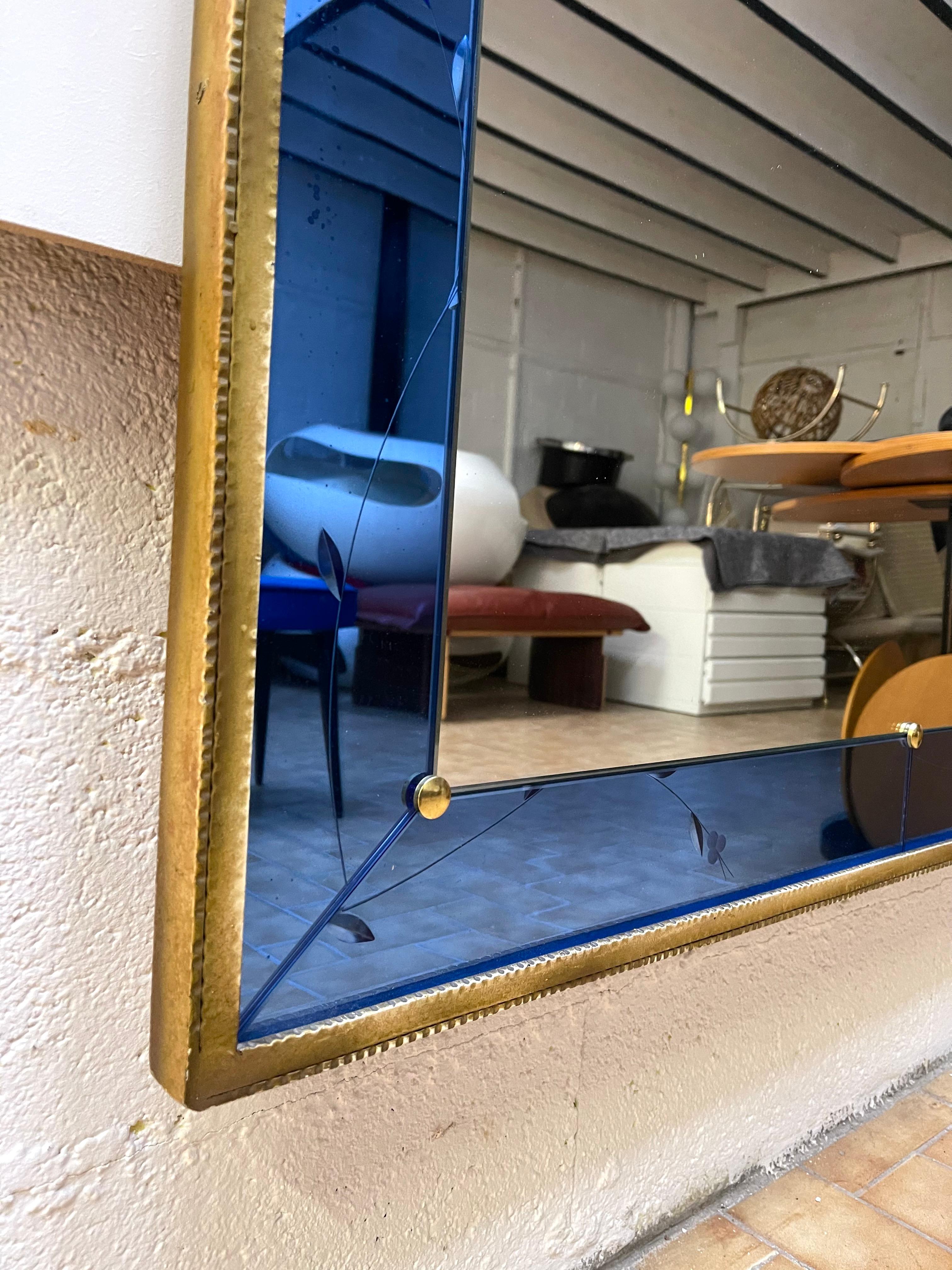 Large Mirror Blue Glass and Gilt Wrought Iron by Cristal Art, Italy, 1960s 1