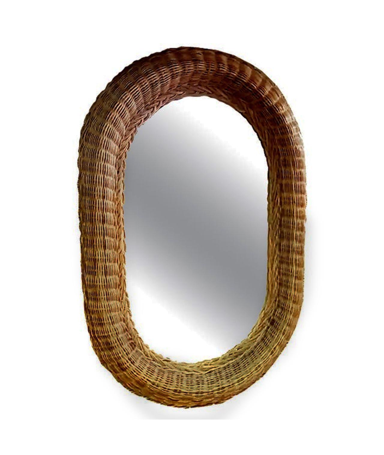 Osier Grand miroir Wiker, de forme ovale 70s en vente