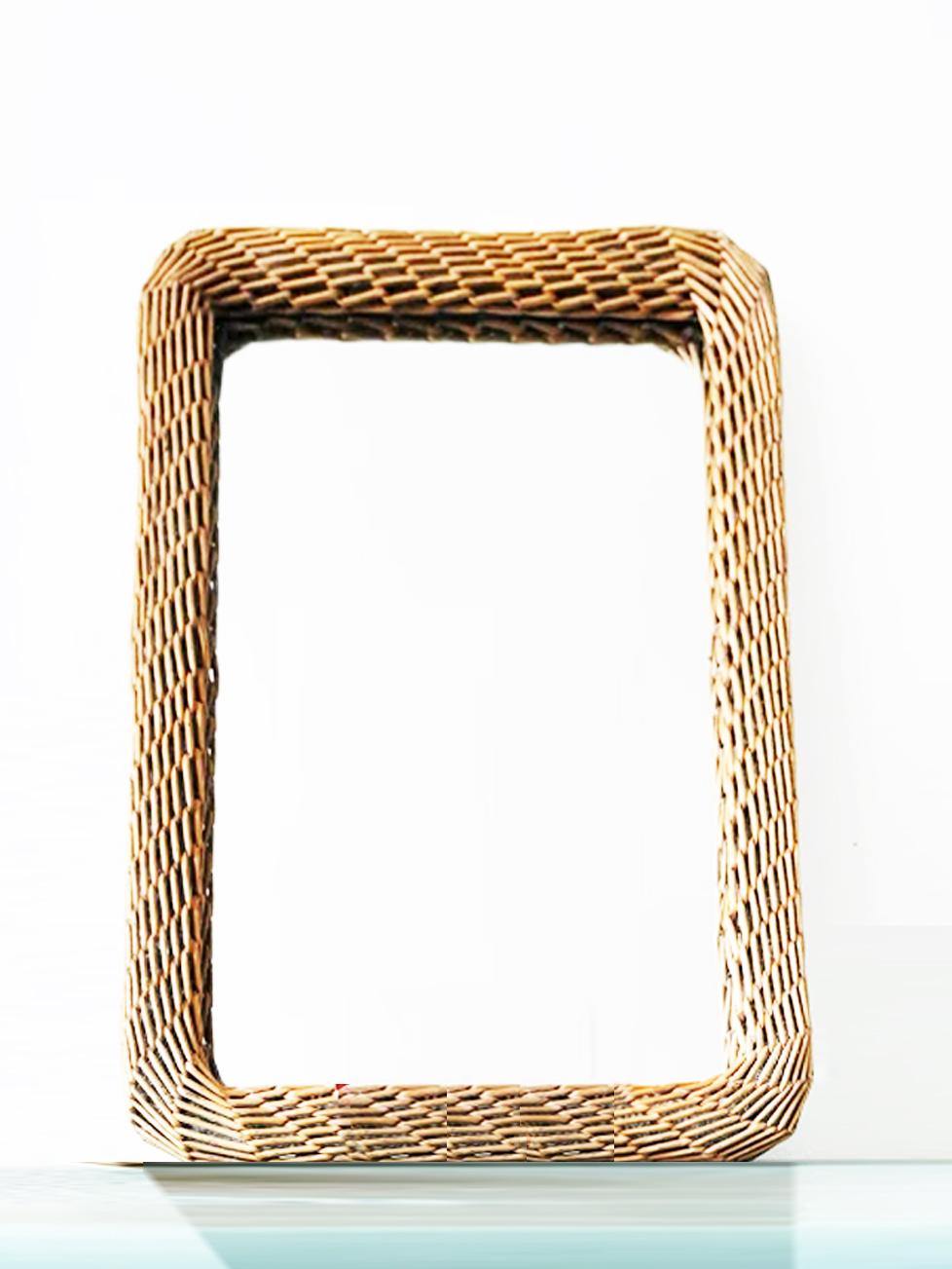 Italian Large Mirror Wiker Rectangular Shaped 70s For Sale