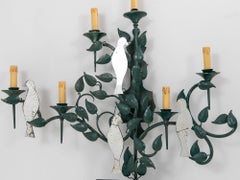 Large Mirrored Birds on Green Tole Vine Wall Sconce, France 1940s
