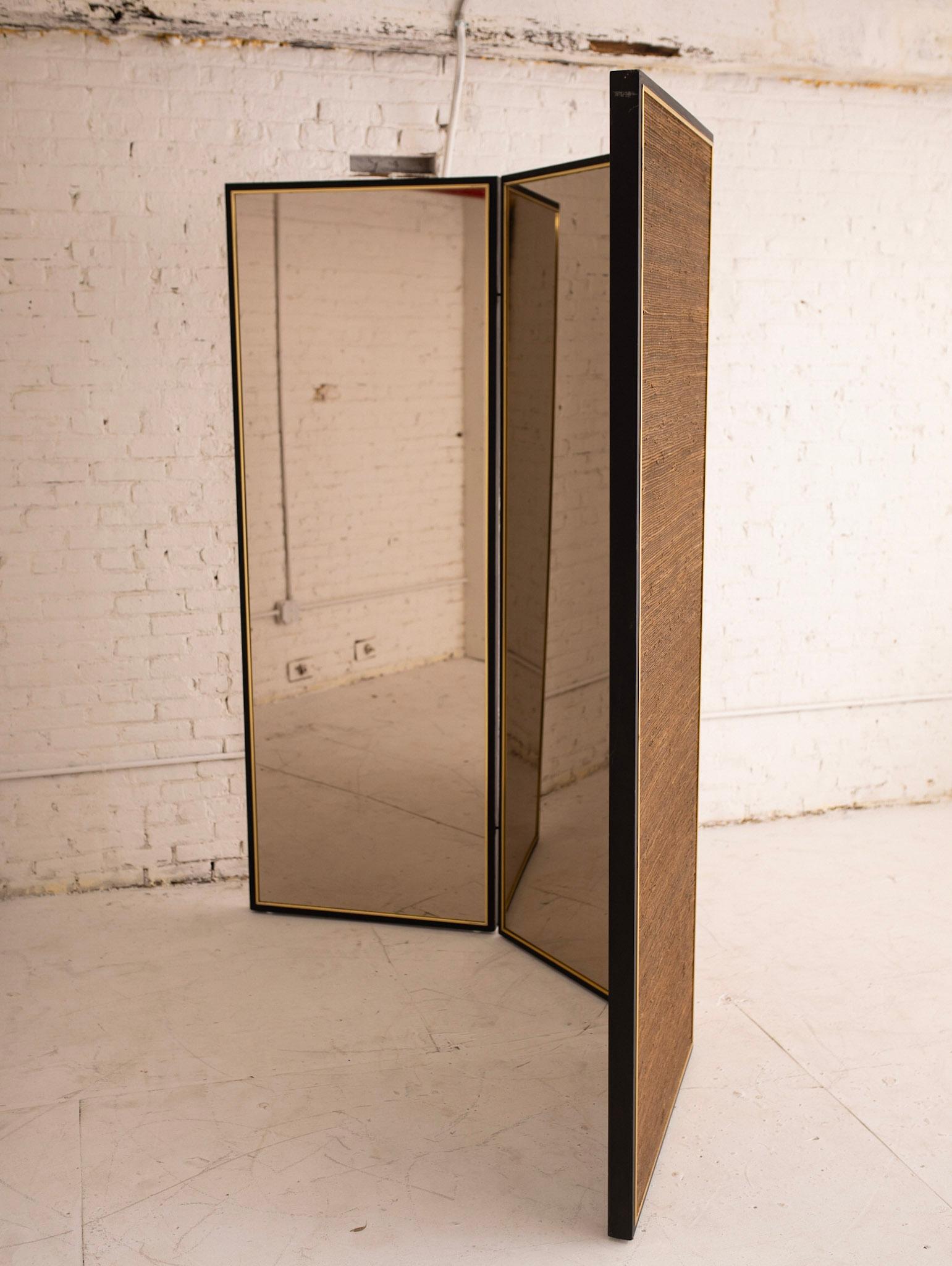 Hollywood Regency Large Mirrored Grasscloth 3 Panel Folding Screen