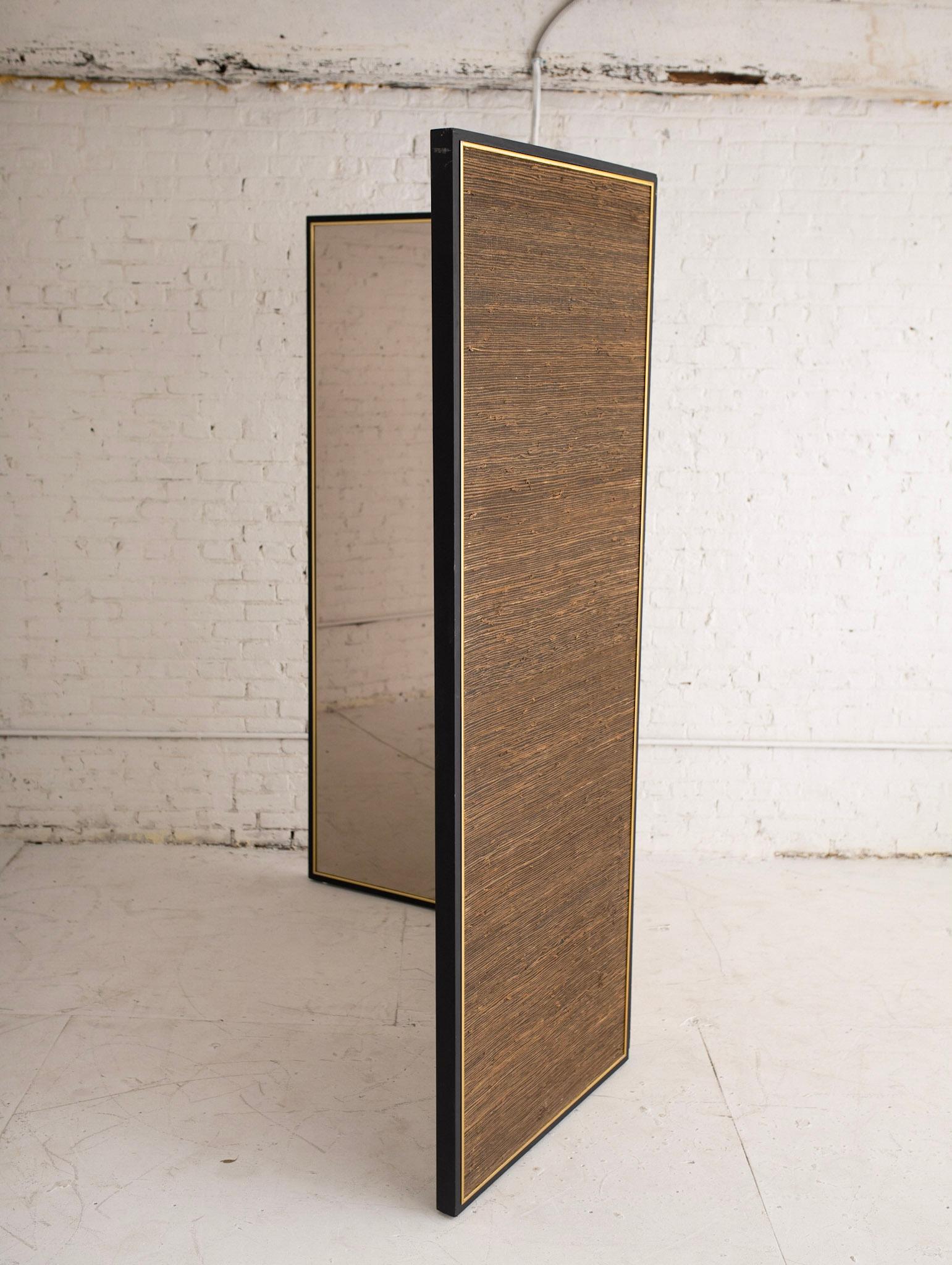 Unknown Large Mirrored Grasscloth 3 Panel Folding Screen