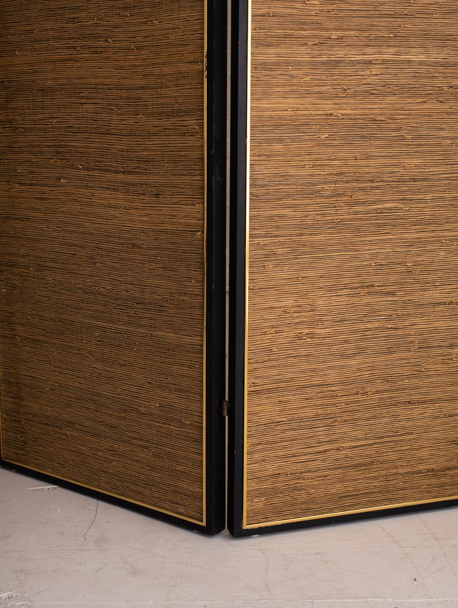 20th Century Large Mirrored Grasscloth 3 Panel Folding Screen