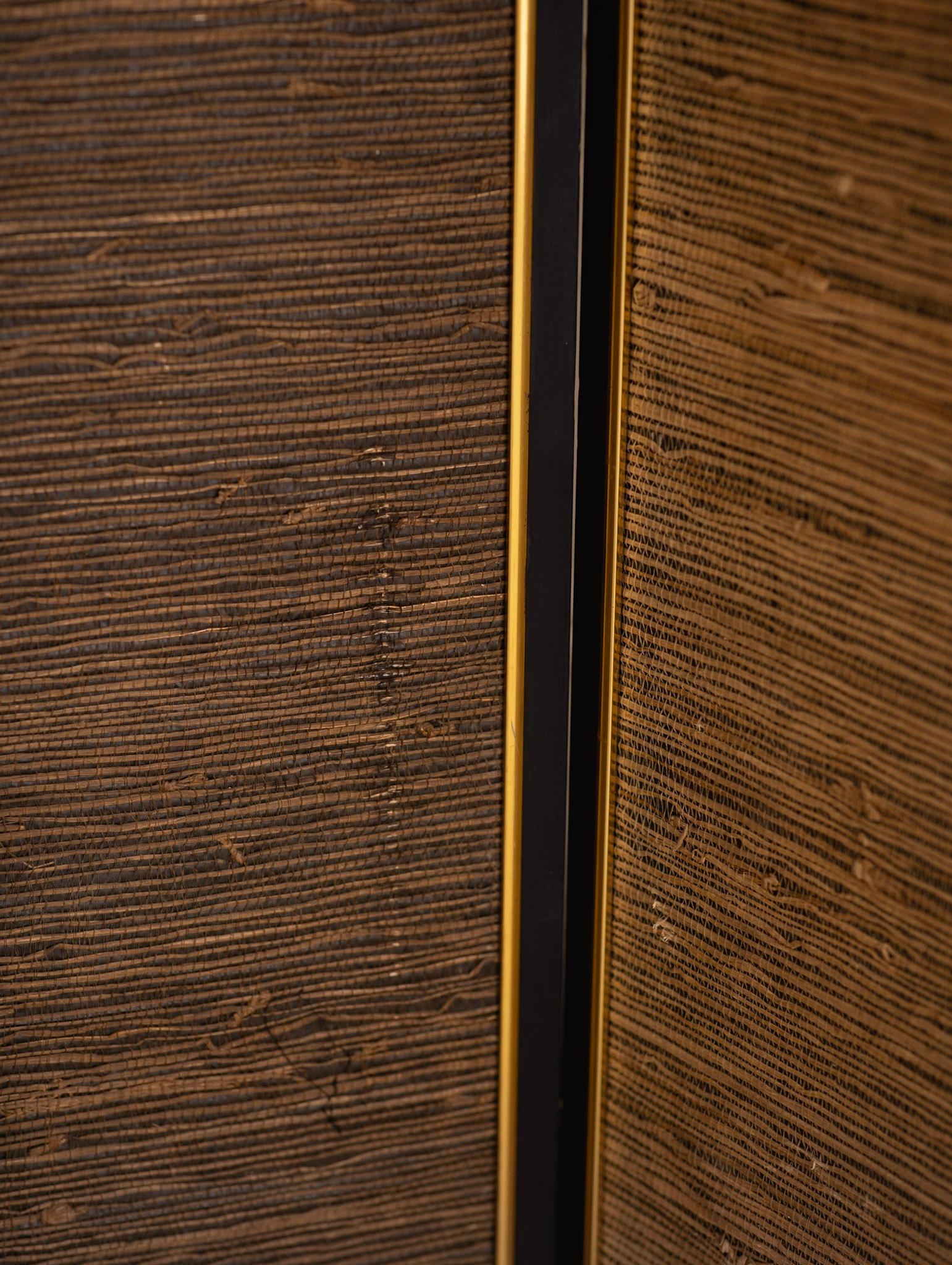 Brass Large Mirrored Grasscloth 3 Panel Folding Screen