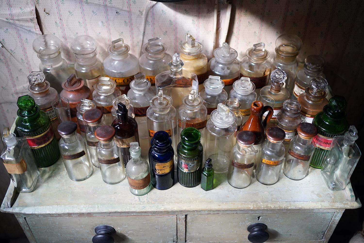 High Victorian Large Mixed Collection of Forty-Four 19thC-20thC Glass Apothecary Bottles For Sale