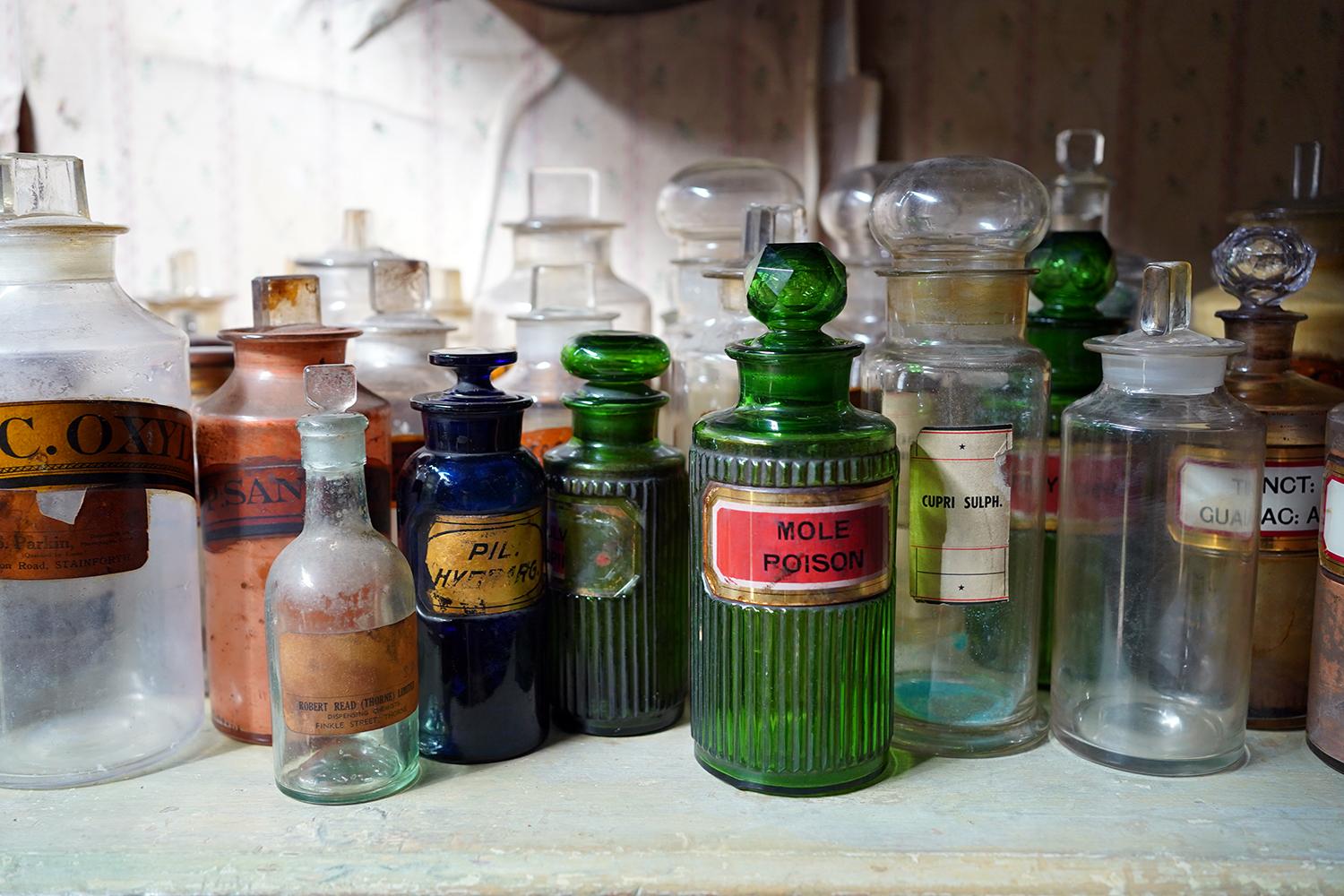 English Large Mixed Collection of Forty-Four 19thC-20thC Glass Apothecary Bottles For Sale