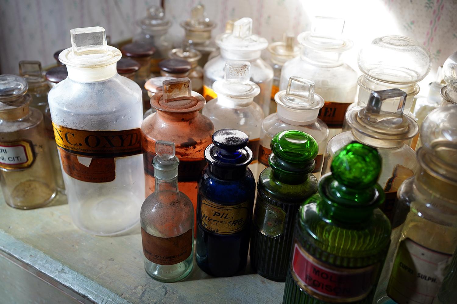 Blown Glass Large Mixed Collection of Forty-Four 19thC-20thC Glass Apothecary Bottles For Sale