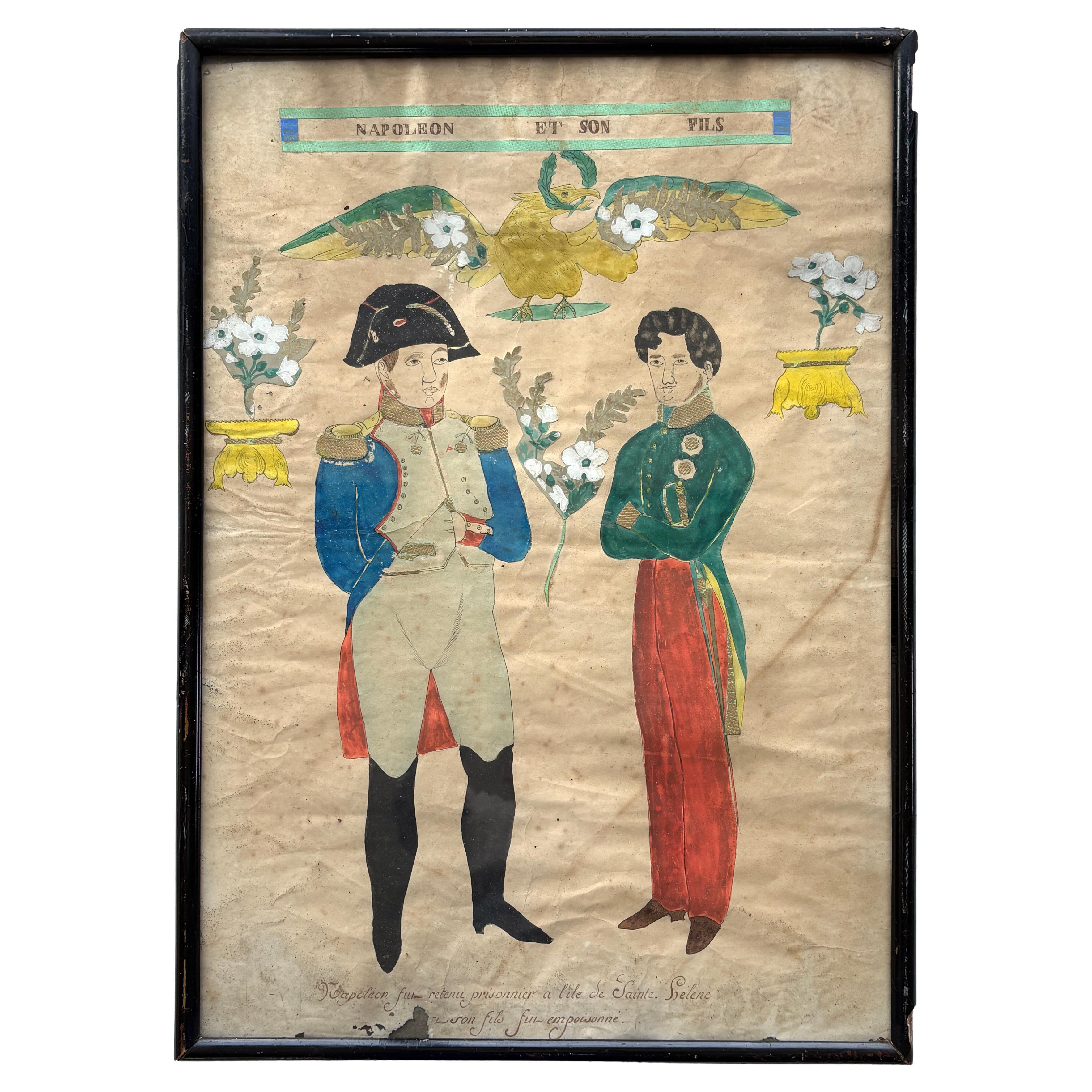 Art populaire patriotique français du 19e siècle représentant Napoléon et son fils