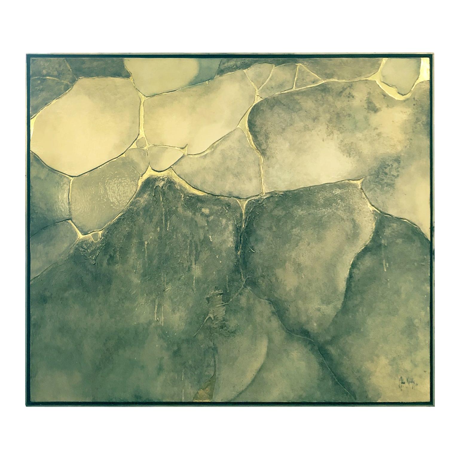 Large Mixed-Media Abstract in Cool Earth Tones and Gold by John Kiraly For Sale