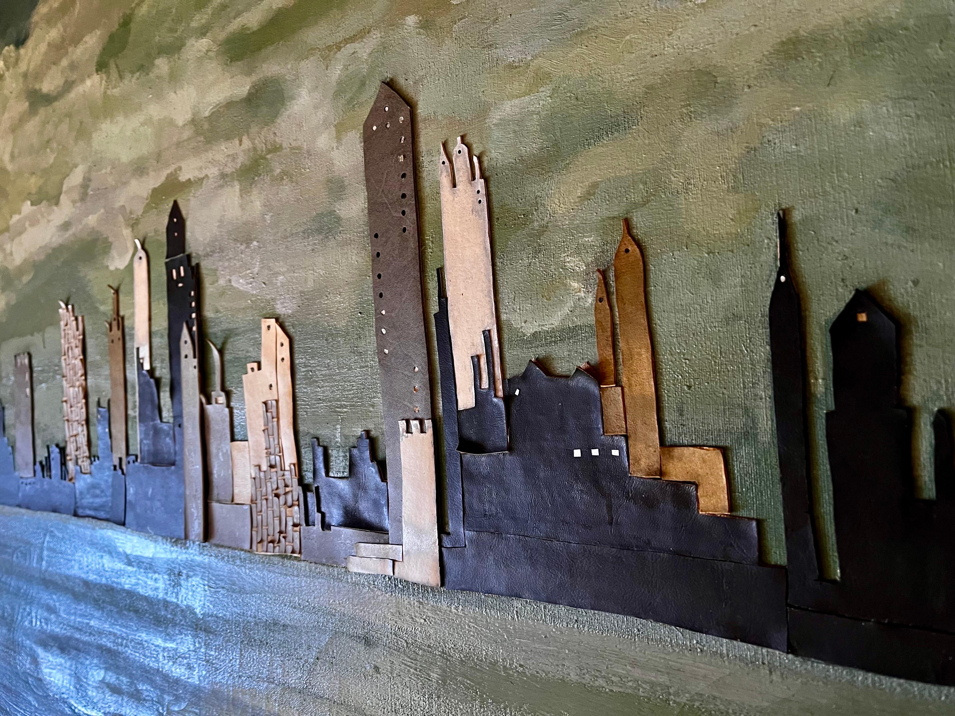 Grande peinture collage abstraite de la ligne d'horizon de New York, circa 1960 en vente 3