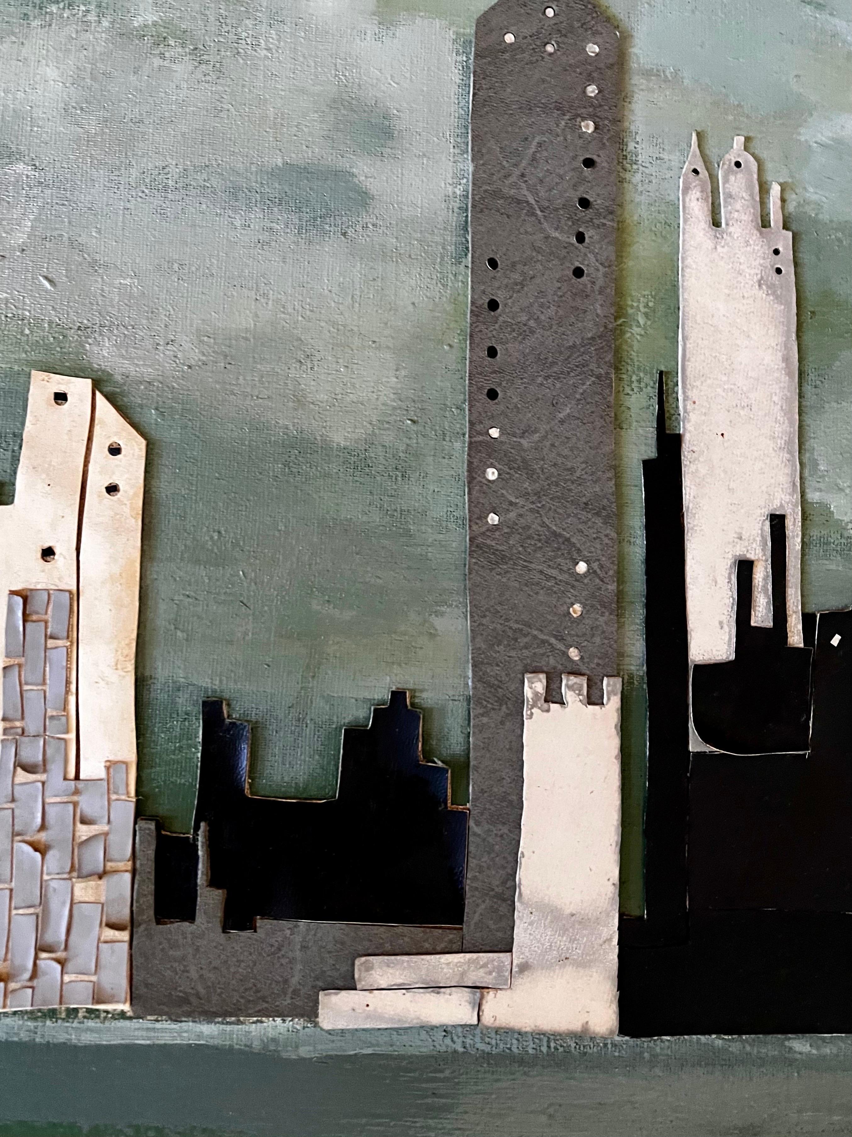 Grande peinture collage abstraite de la ligne d'horizon de New York, circa 1960 en vente 6