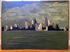 Large Mixed Media Abstract Skyline Collage Painting of New York, circa 1960
