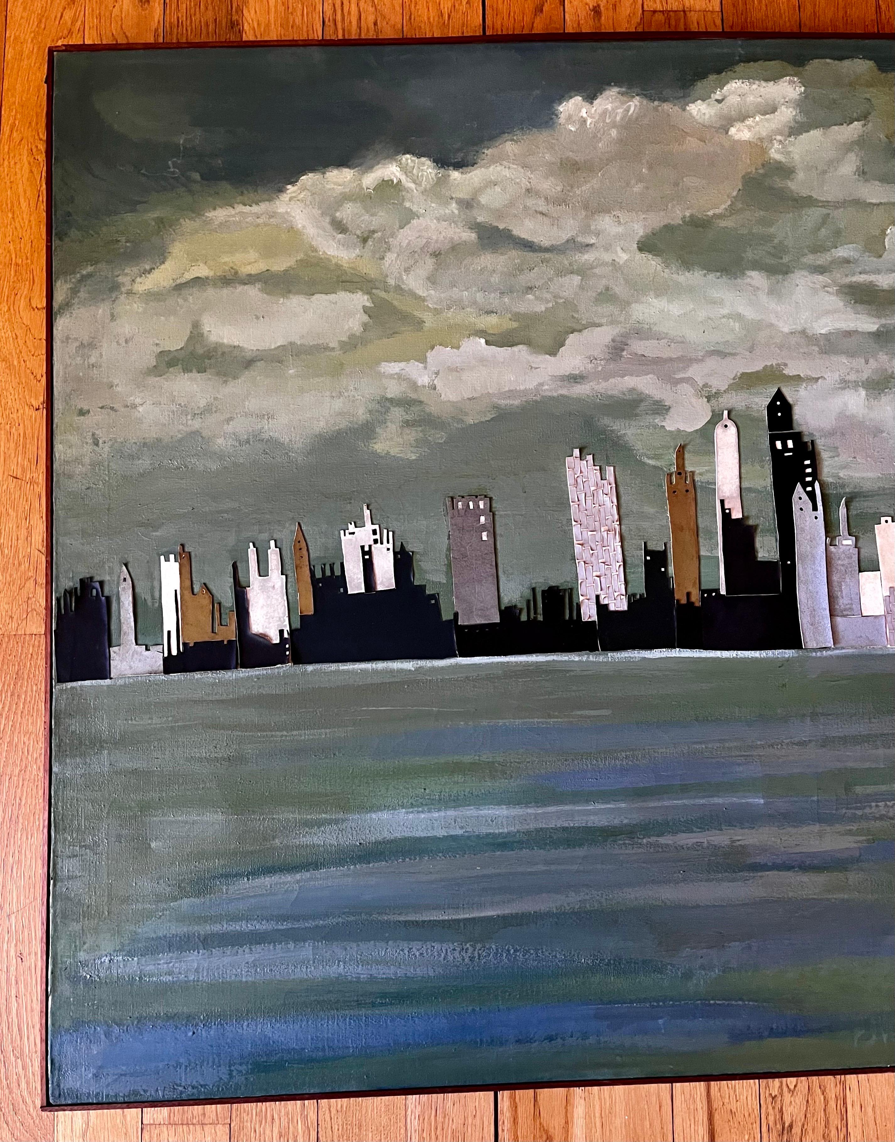 Mid-Century Modern Grande peinture collage abstraite de la ligne d'horizon de New York, circa 1960 en vente