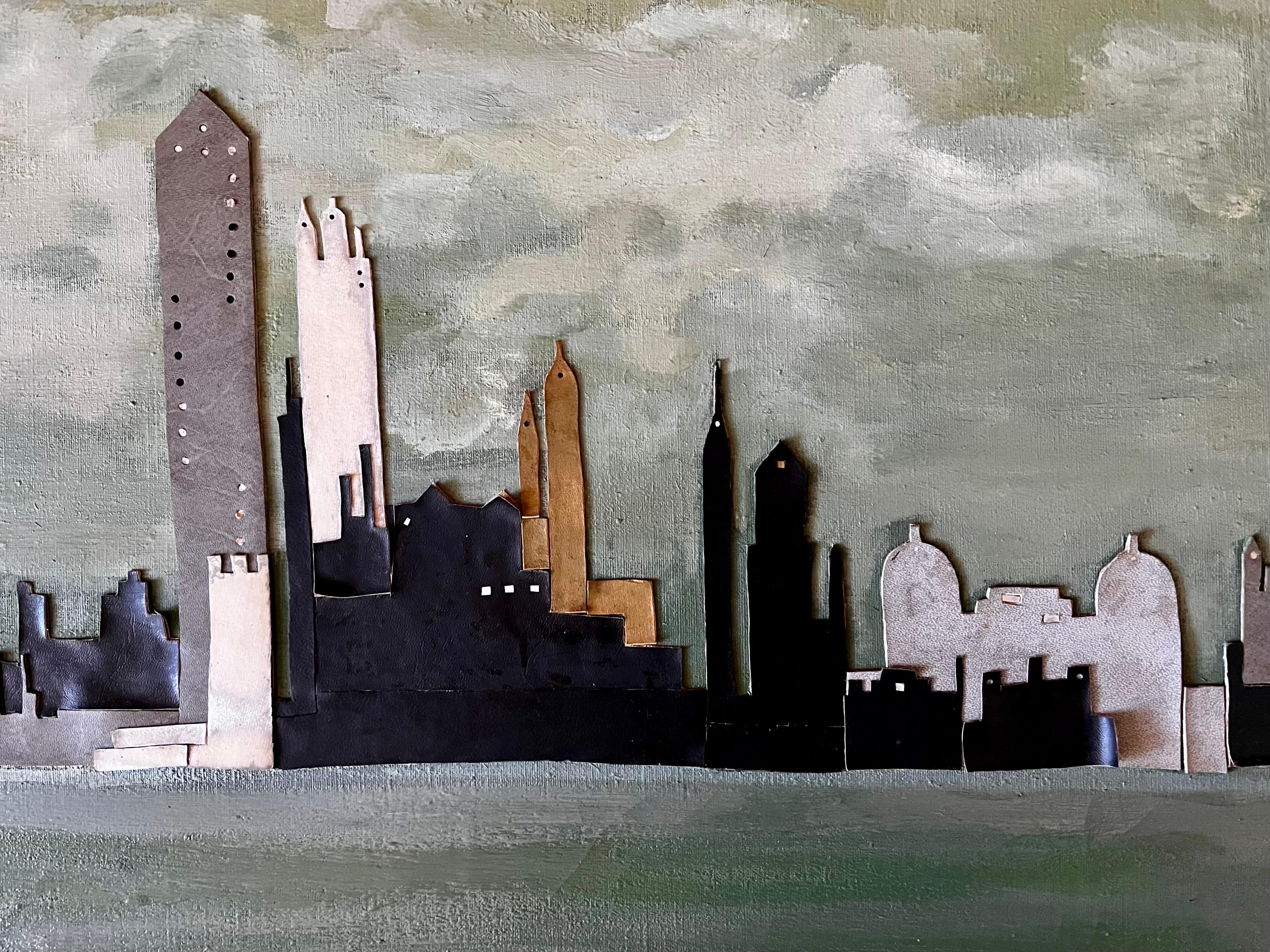 Américain Grande peinture collage abstraite de la ligne d'horizon de New York, circa 1960 en vente
