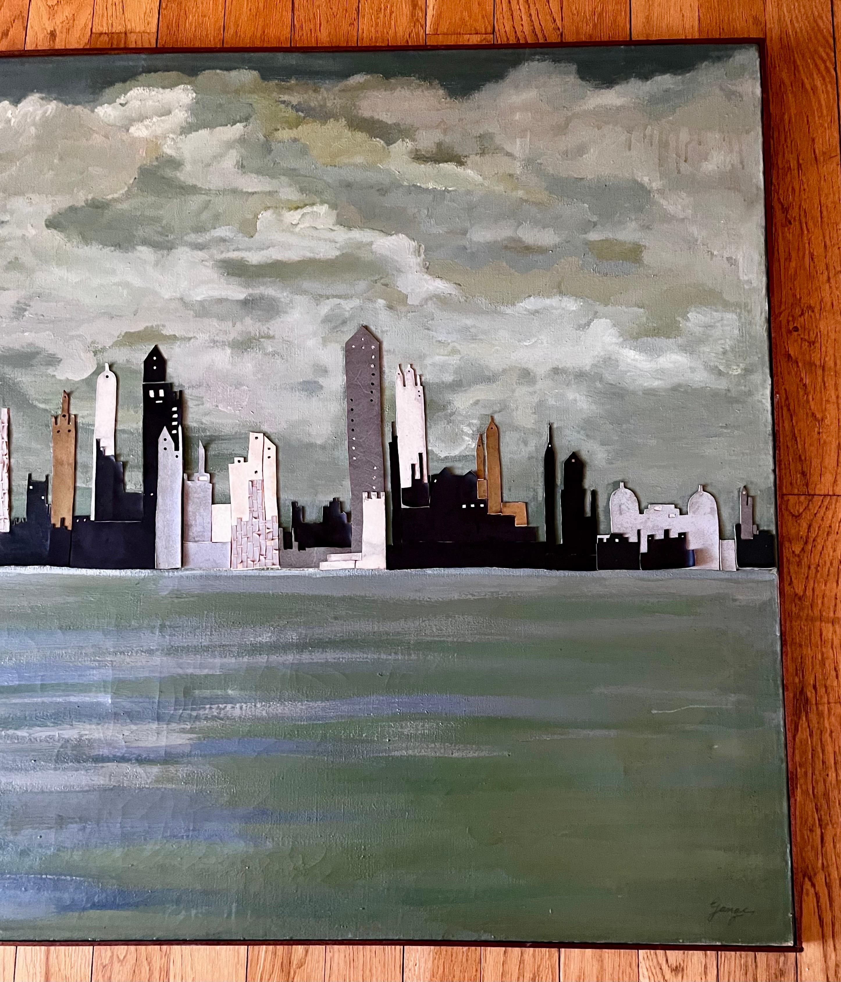 Grande peinture collage abstraite de la ligne d'horizon de New York, circa 1960 Bon état - En vente à Philadelphia, PA
