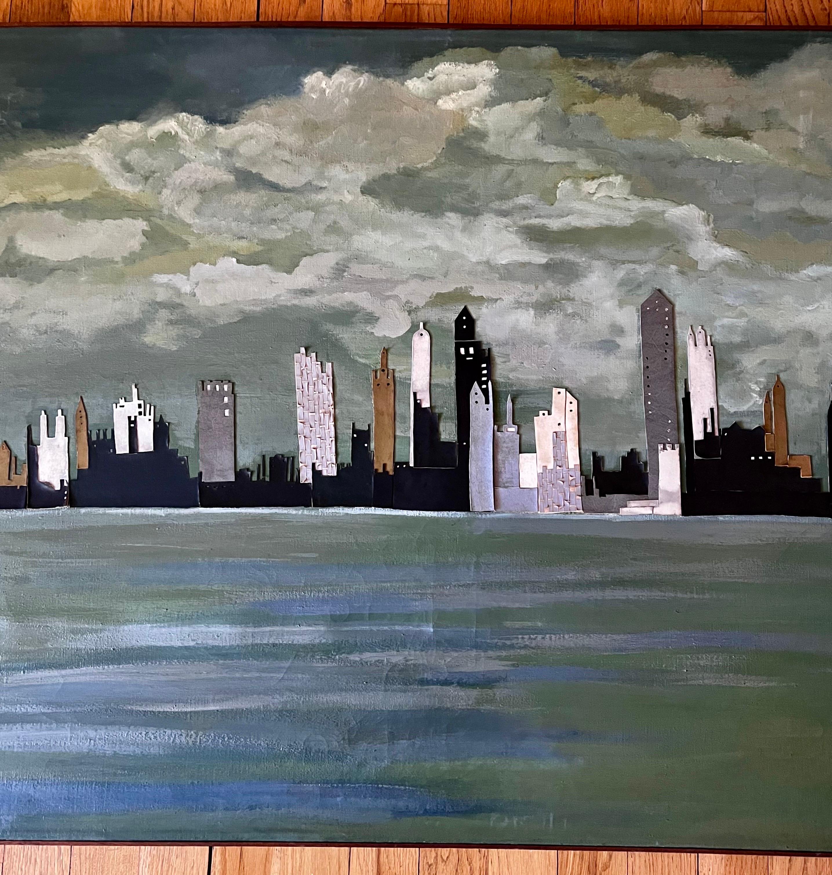 Milieu du XXe siècle Grande peinture collage abstraite de la ligne d'horizon de New York, circa 1960 en vente