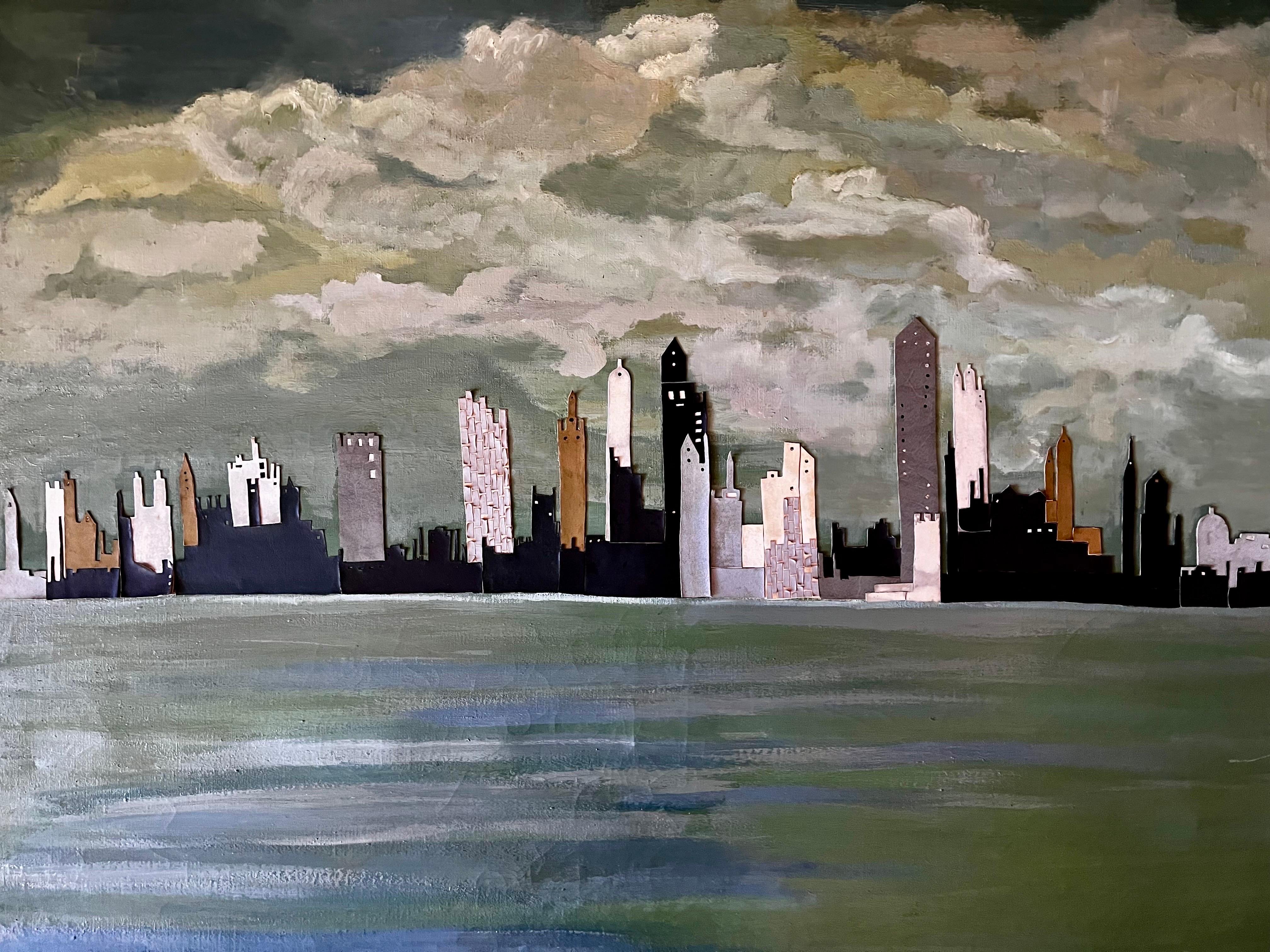Peinture Grande peinture collage abstraite de la ligne d'horizon de New York, circa 1960 en vente