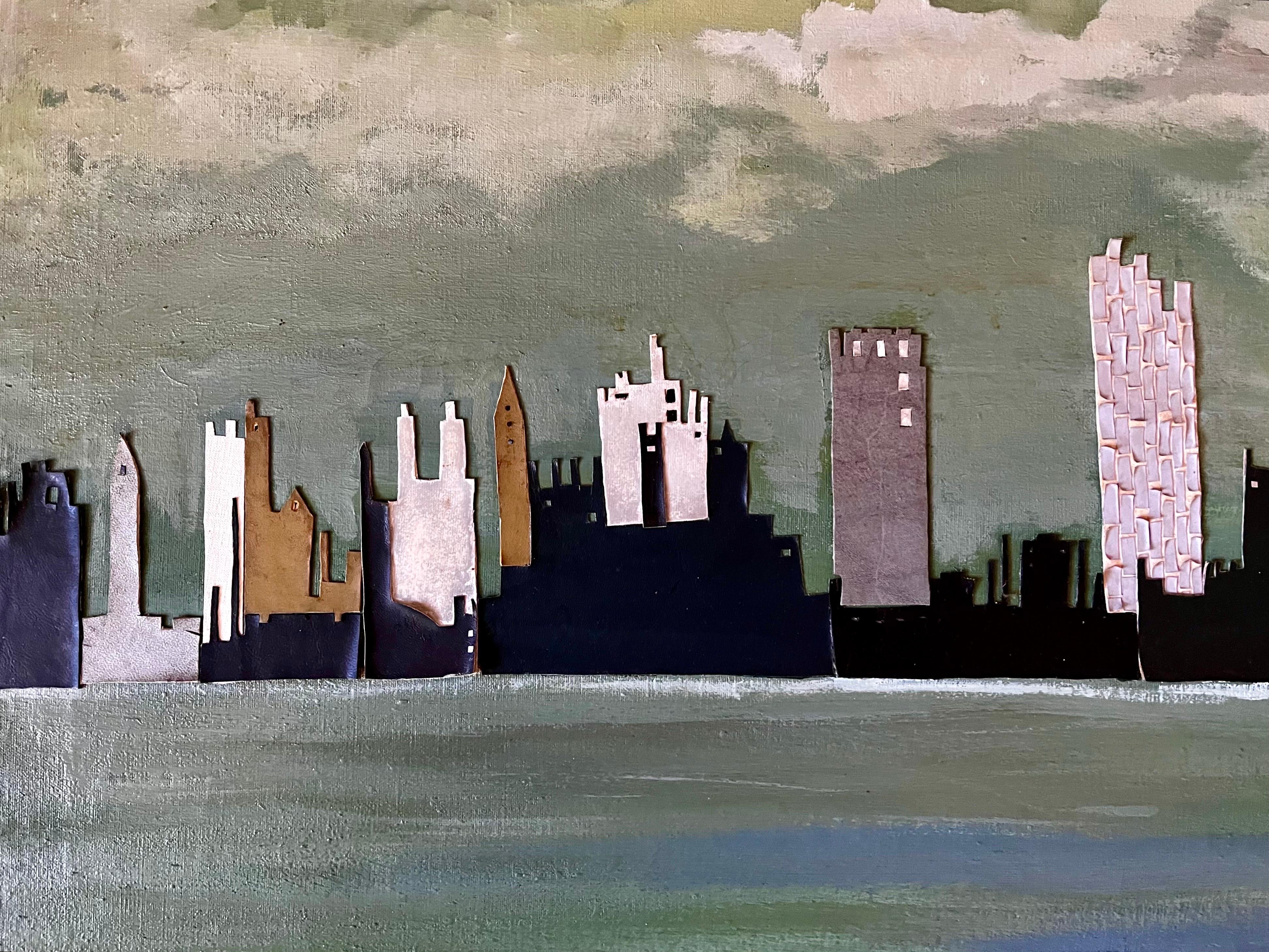Grande peinture collage abstraite de la ligne d'horizon de New York, circa 1960 en vente 1