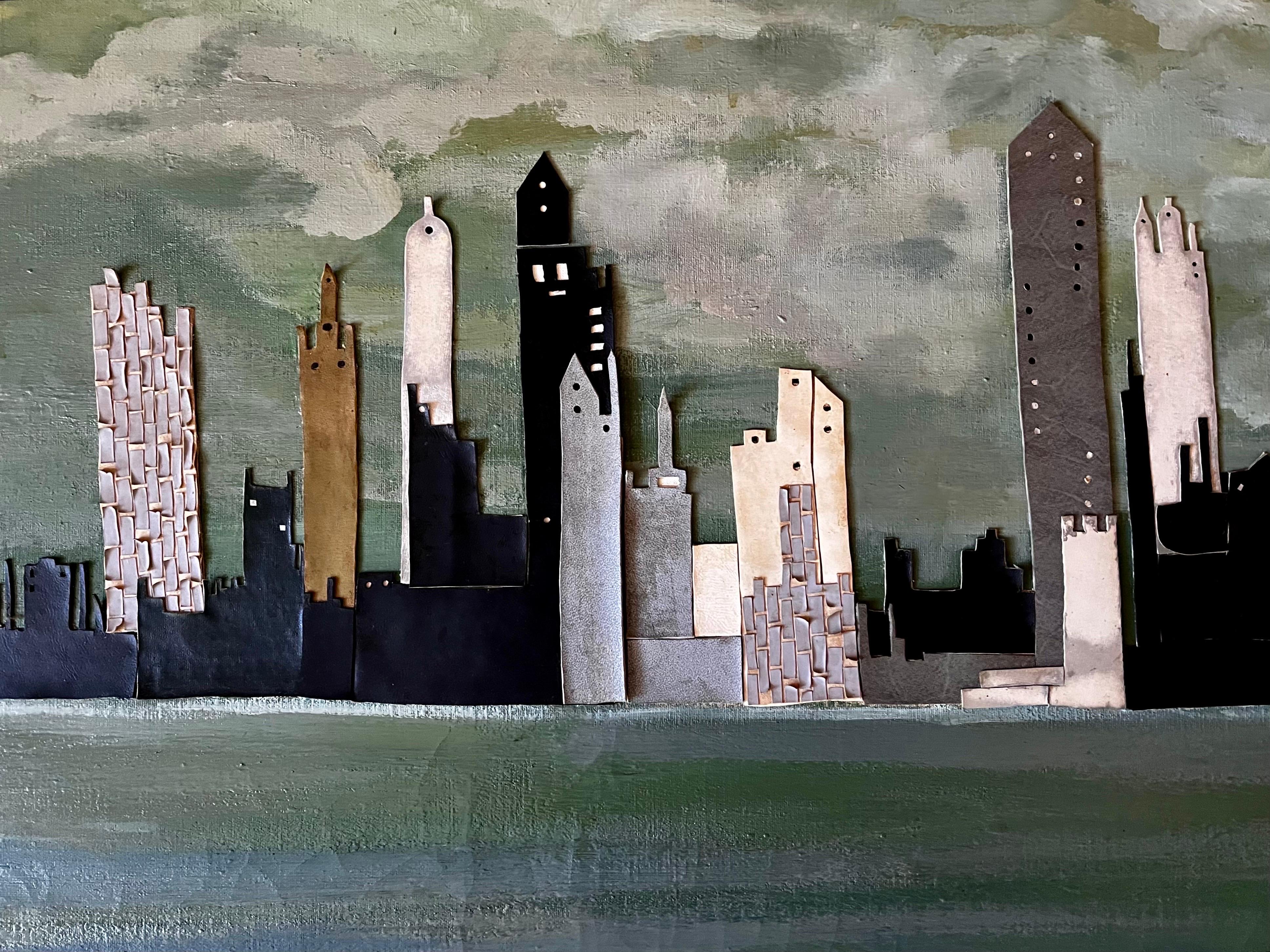 Grande peinture collage abstraite de la ligne d'horizon de New York, circa 1960 en vente 2