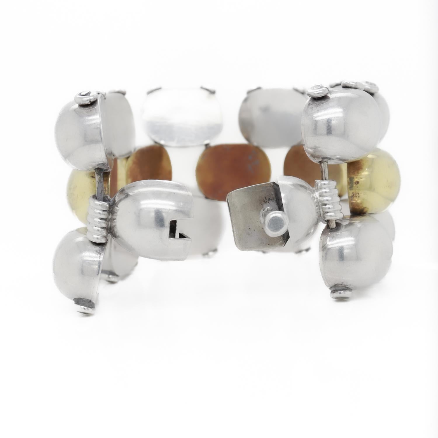 Large Mixed Metals Taxco Mexican Sterling Silver & Brass 3 Row Link Bracelet in vendita 5