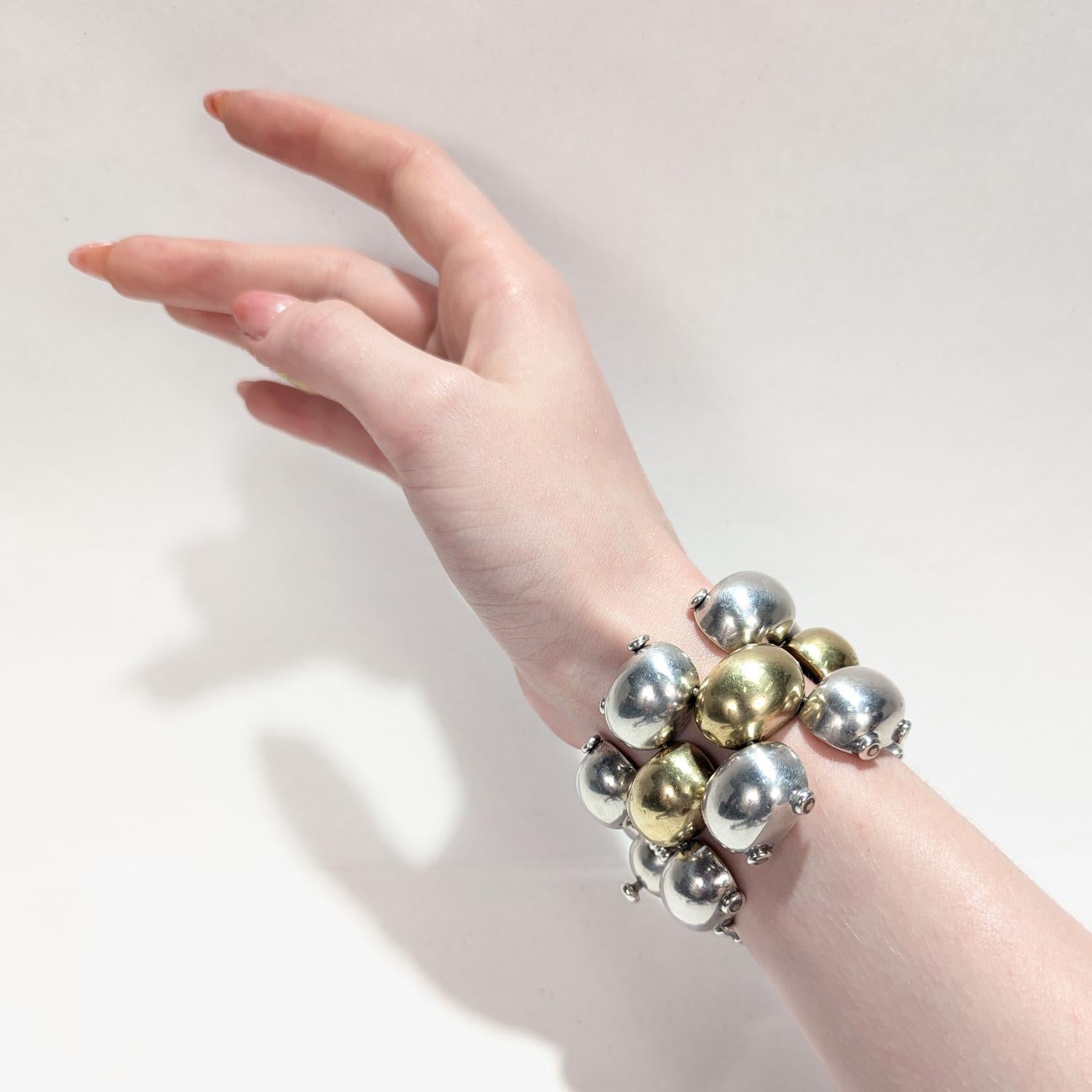 Large Mixed Metals Taxco Mexican Sterling Silver & Brass 3 Row Link Bracelet in vendita 7