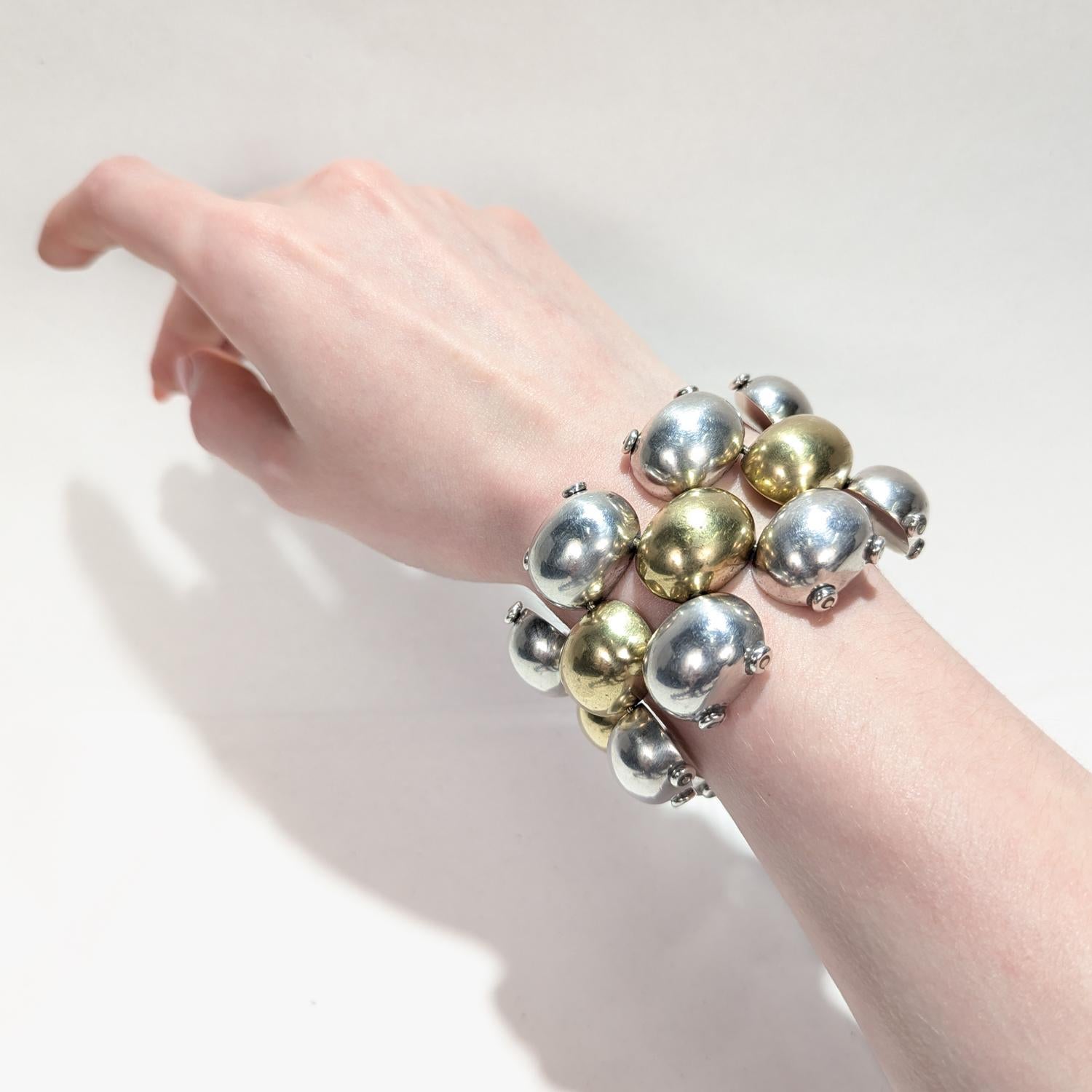 Large Mixed Metals Taxco Mexican Sterling Silver & Brass 3 Row Link Bracelet in vendita 8