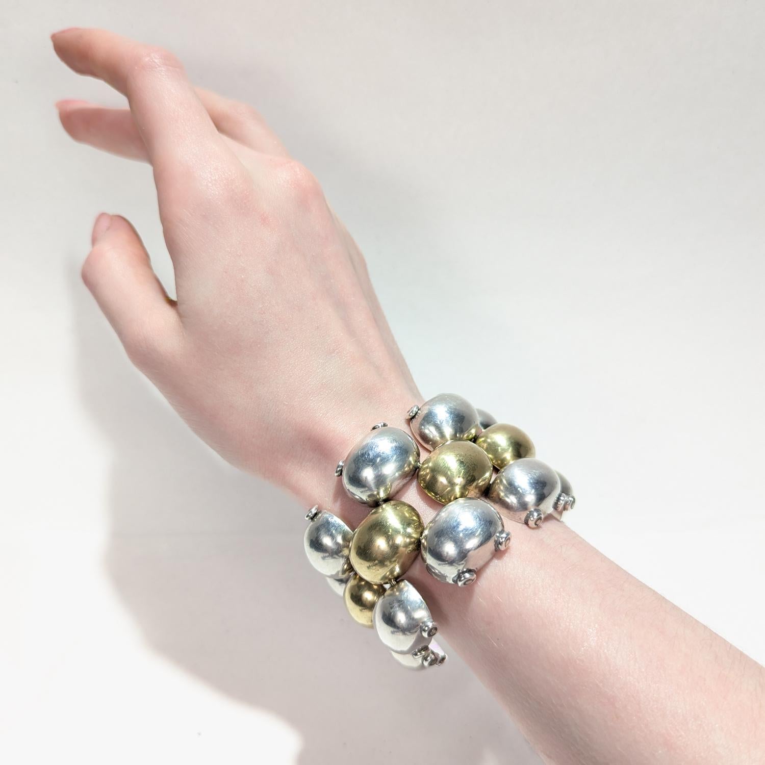 Moderno Large Mixed Metals Taxco Mexican Sterling Silver & Brass 3 Row Link Bracelet in vendita