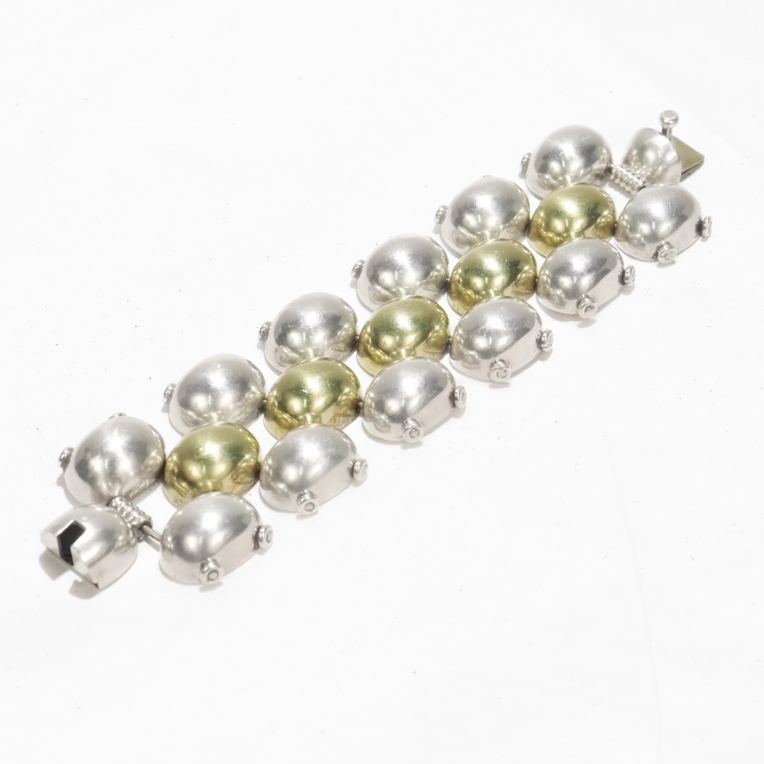 Donna Large Mixed Metals Taxco Mexican Sterling Silver & Brass 3 Row Link Bracelet in vendita
