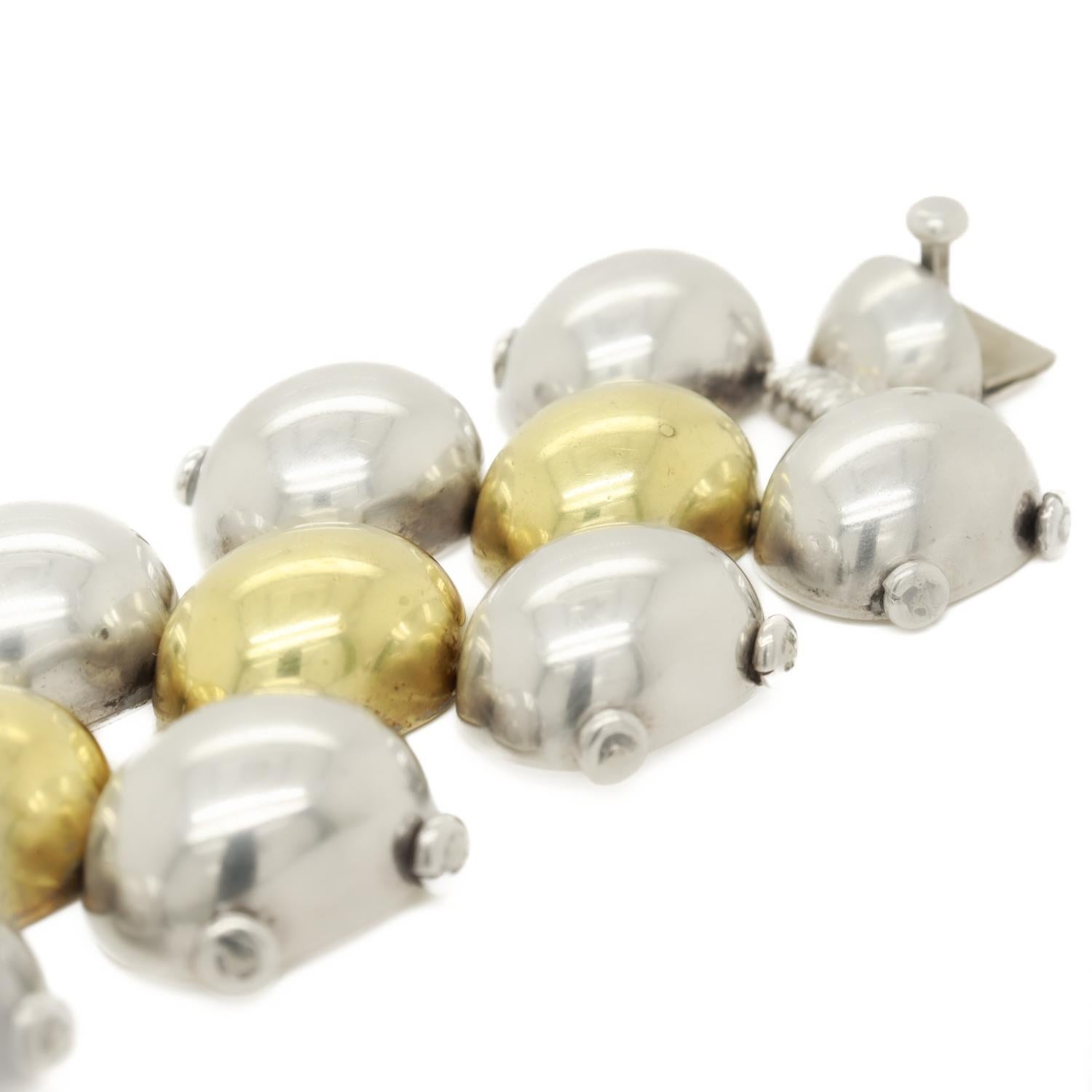 Large Mixed Metals Taxco Mexican Sterling Silver & Brass 3 Row Link Bracelet in vendita 4