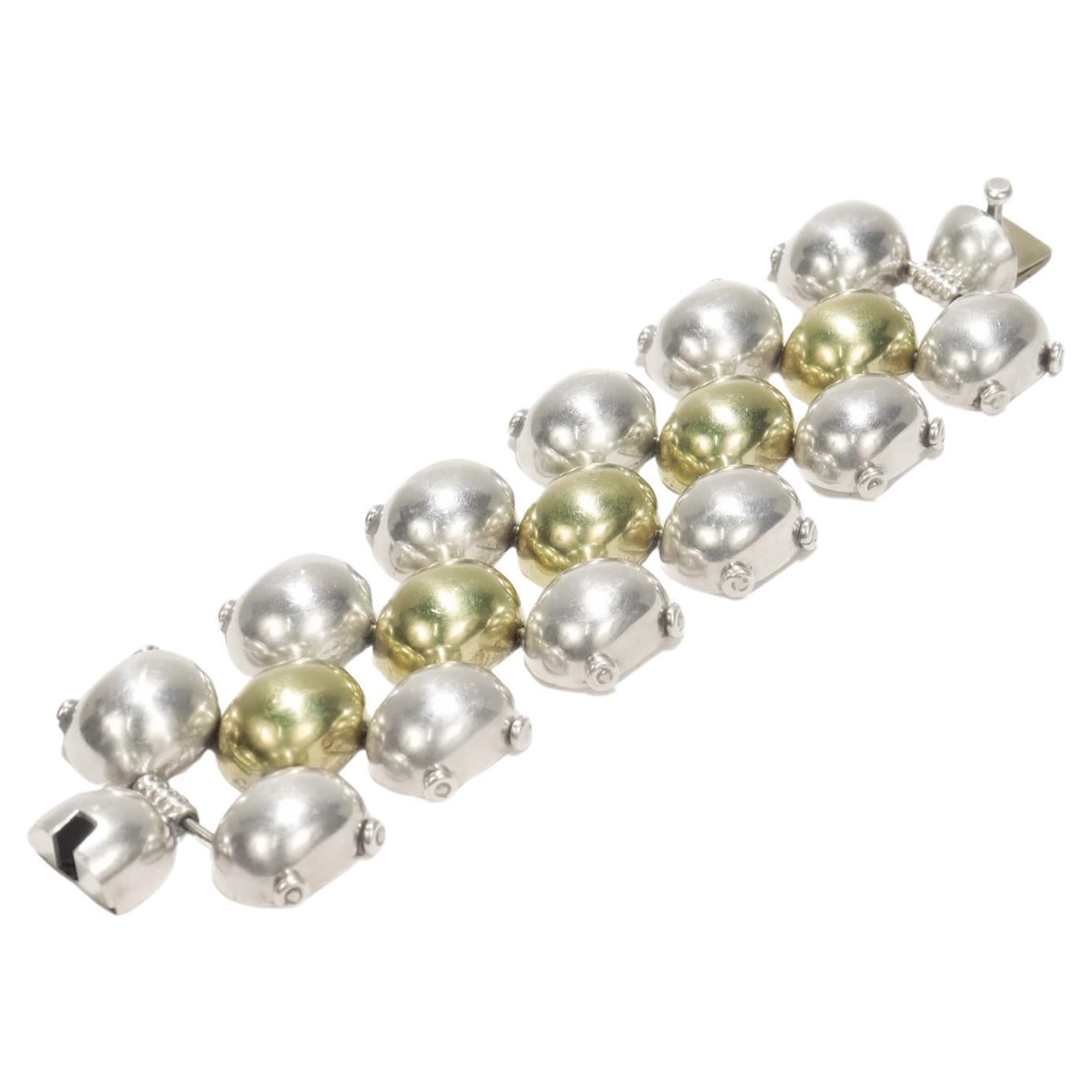 Large Mixed Metals Taxco Mexican Sterling Silver & Brass 3 Row Link Bracelet